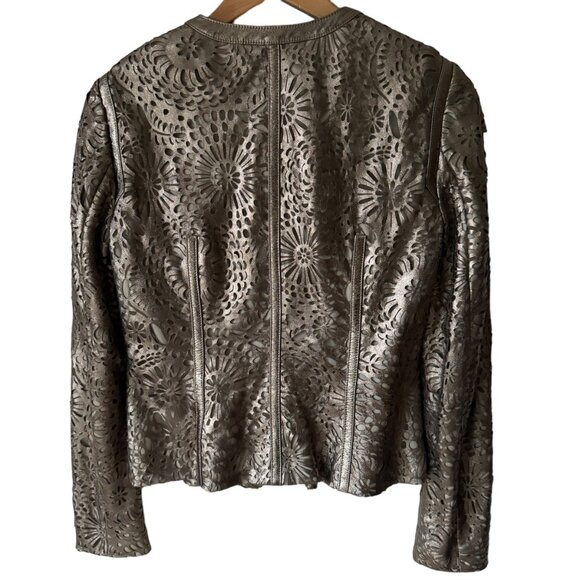 Worth Leather Jacket Sz 6 Floral Laser Cut Outs Bronze Champange Snap Front - Picture 3 of 16